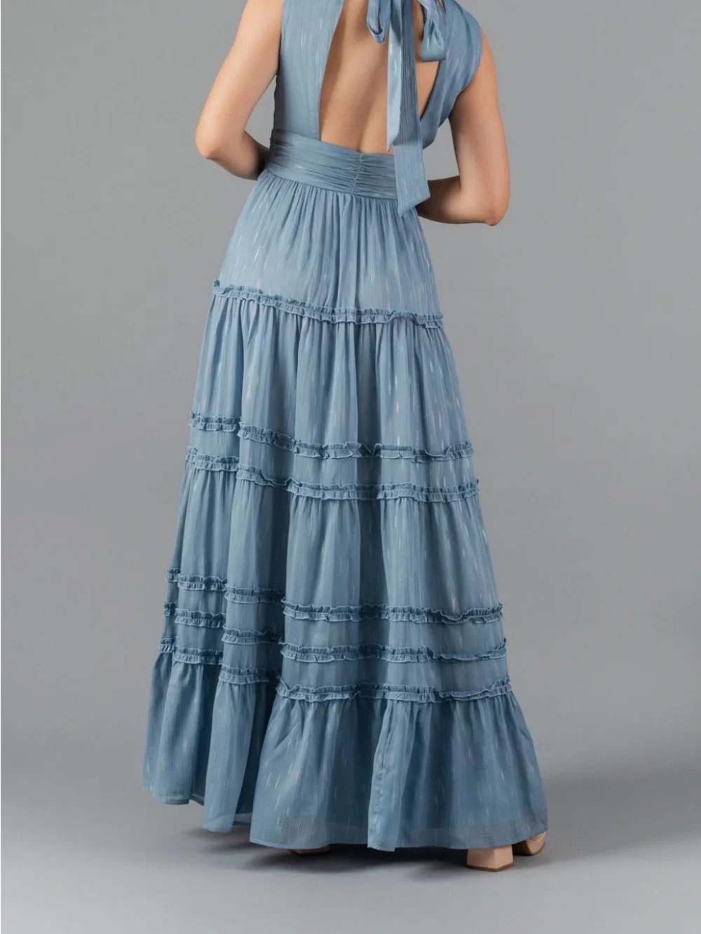 NEW-Aqua Light Blue Iridescent Ruffle Tiered Maxi Dress - Picture 5 of 10